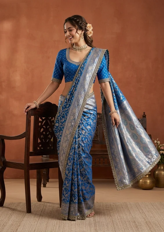 Royal Blue Stonework (Gold) Art Silk Saree